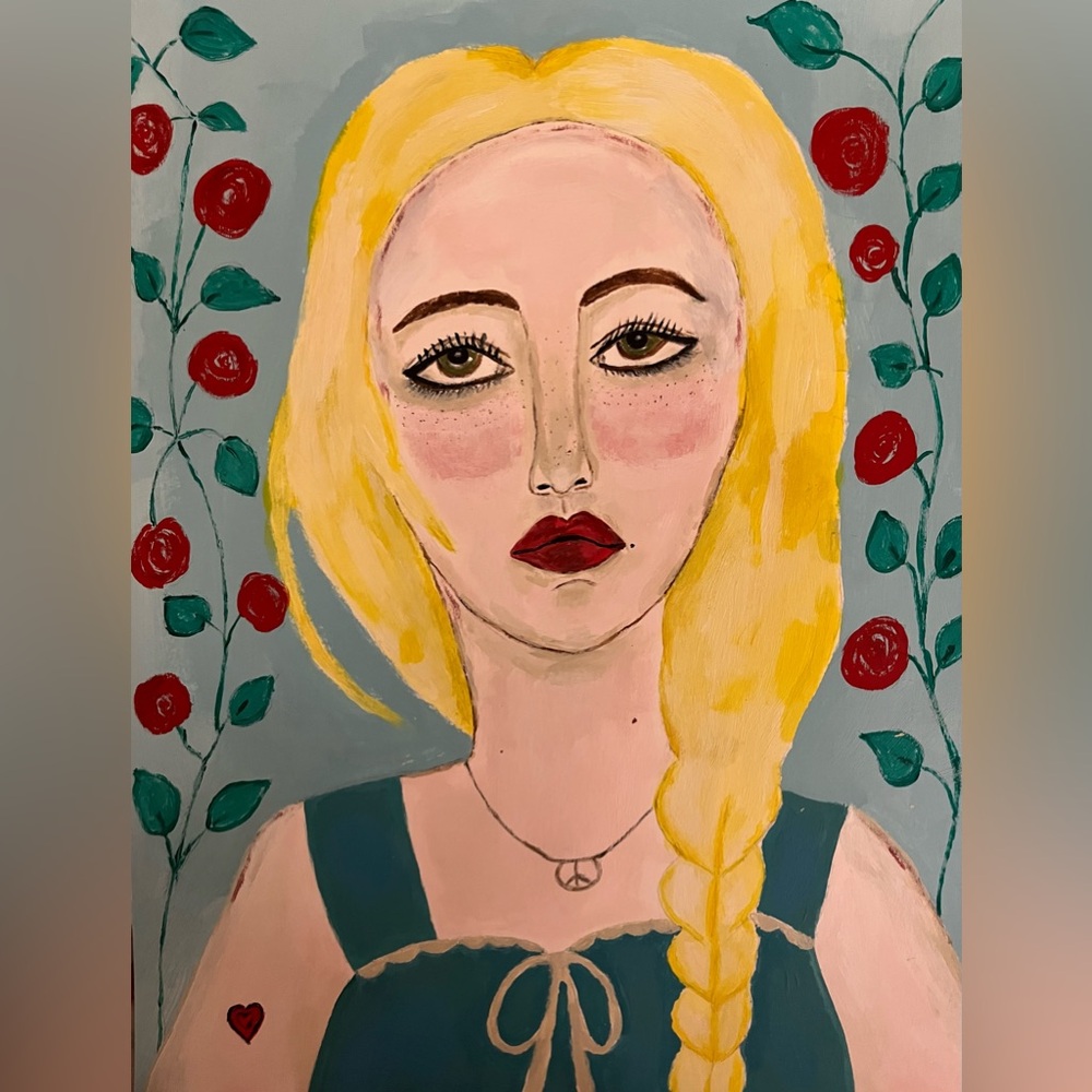 🌹Original art abstract portrait of blonde woman with roses